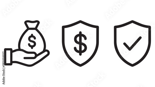 Financial security and protection line icons set, featuring money bag in hand, dollar shield, and verified protection symbols.