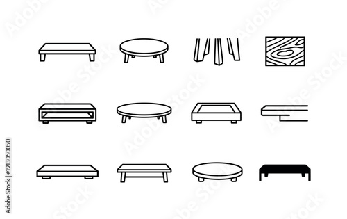 Low Coffee Table. Line icon set of Low Coffee Table: low coffee table, rectangular tabletop, round tabletop, table legs, wood texture table,