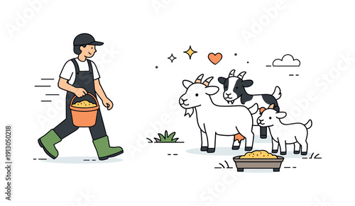 Feeding time routine. A person carrying a bucket of feed toward curious goats, showing everyday farm life and care. Minimalist flat vector