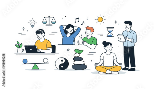   Balanced productivity lifestyle. People combining focused work and short breaks, showing sustainable productivity habits. Calm rhythm,