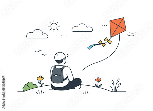    Quiet spring afternoon kite flying. Single person watching a kite glide steadily, peaceful posture and mindful pause, soft nature elements