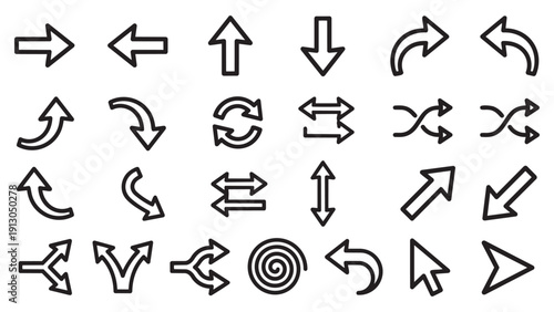 Extensive arrow symbols collection. Vector outline icons for diverse directional and navigational purposes in user interface design.