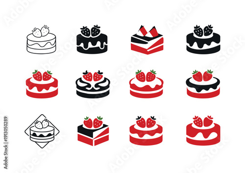 May cake with berries and cream. Icon set. Set Logo of May cake with berries and cream: strawberry cream cake. harmonious logo variations of