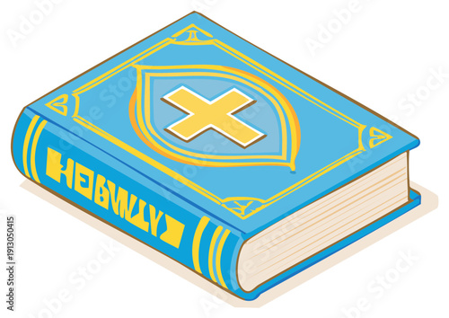 Closed Antique Blue Holy Book with Golden Cross Symbol Isometric Vector Illustration