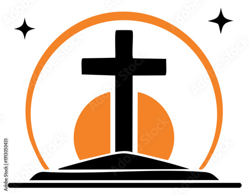 Christian cross graphic with sun and starbursts