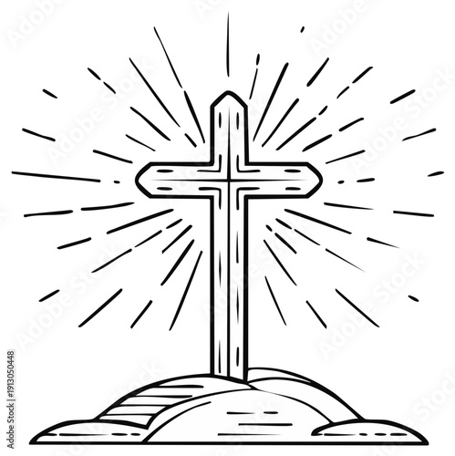 Line Art Religious Cross Symbol Emanating Light Rays From Hilltop