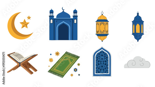 Flat lay of various Islamic icons and symbols on a white background, including a mosque, lantern, and prayer mat.