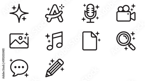 Creative AI Assistant and Media Generation Line Icon Collection