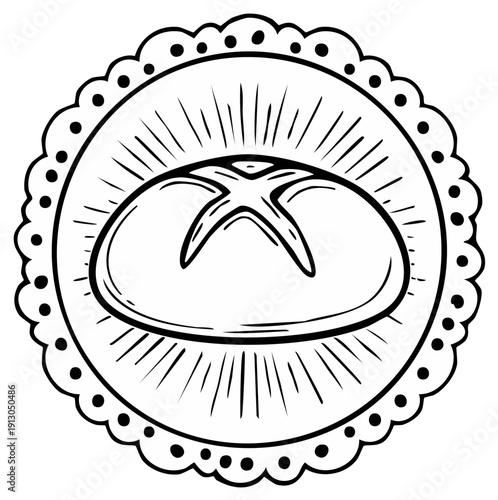 Black and white hand drawn illustration of fresh bread inside decorative frame