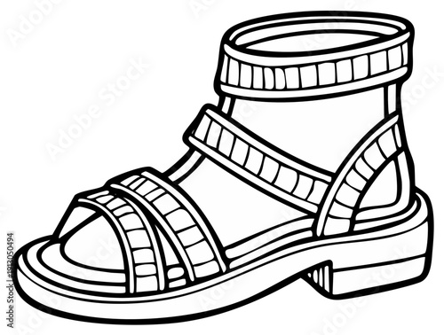Stylish ankle strap sandal line art illustration. Modern open toe footwear drawing for design or coloring.