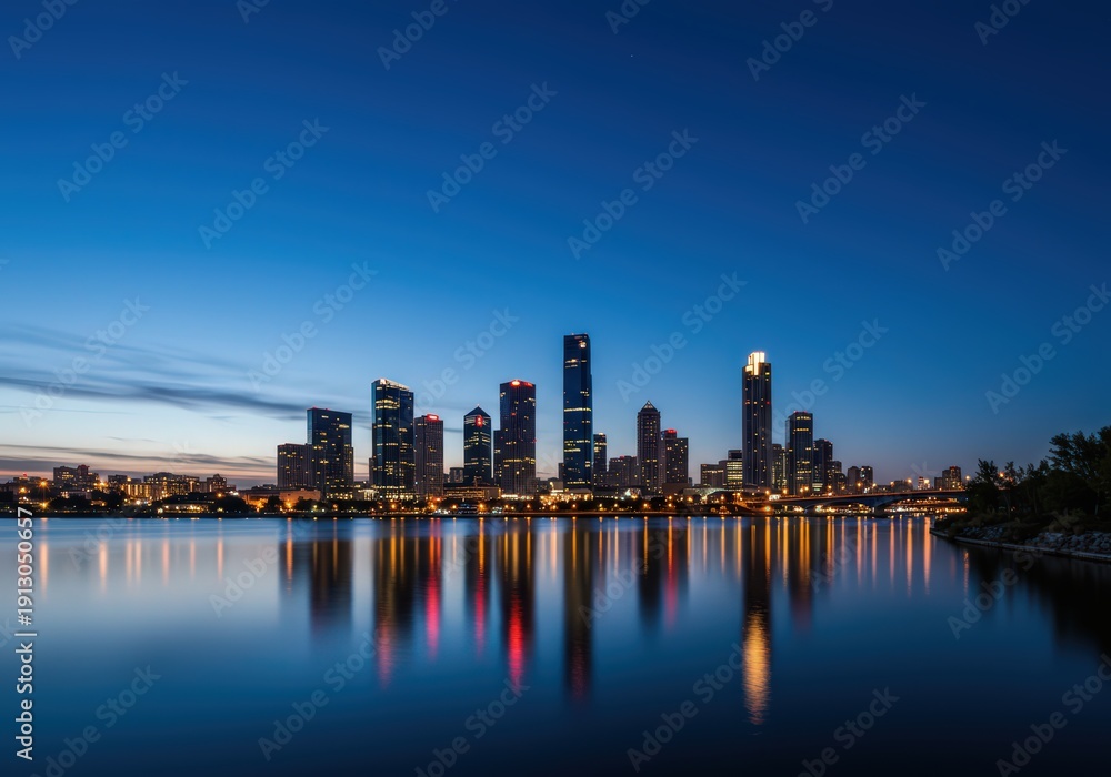 Fototapeta premium Modern City Skyline Reflected in Calm Water at Dusk