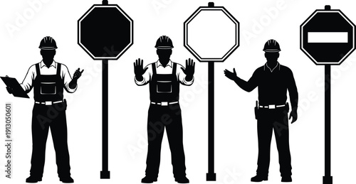 Road construction worker holding stop sign silhouette set, traffic control and safety regulation concept illustration