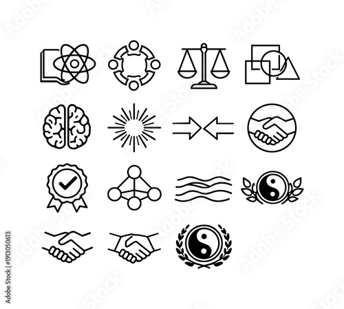 Harmony of knowledge. Line icon set of Harmony of knowledge: merged symbols, unity circle, balanced scales, interlocking shapes, combined