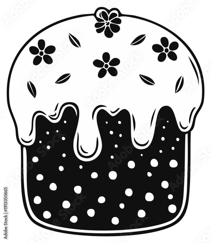 Stylized Black and White Easter Cake with Icing, Flowers, and Sprinkles