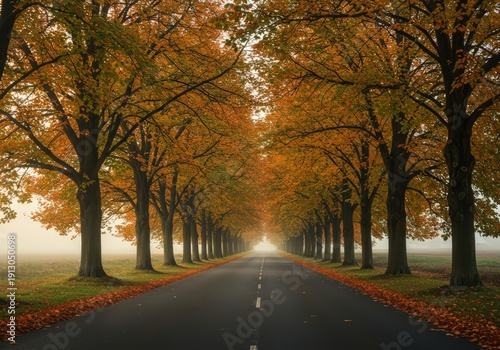 Scenic Autumn Road Lined with Golden Trees and Morning Fog