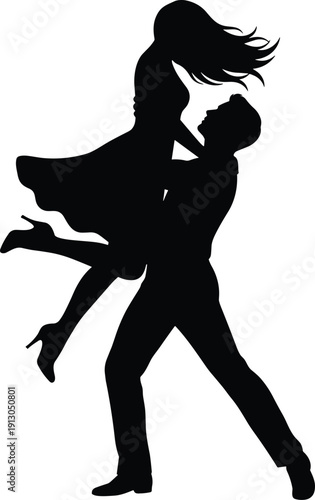 Romantic couple dance silhouette, man lifting woman in passionate ballroom move, black and white vector illustration isolated