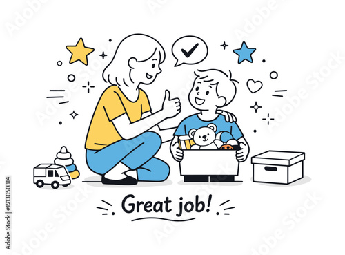 Encouraging responsibility through cleanup. Adult praising a child after tidying toys, warm and positive interaction. Smiles, stars, and