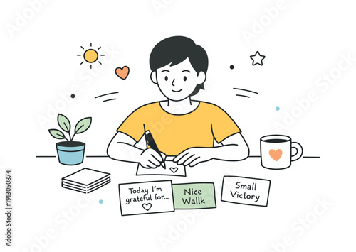 Daily gratitude habit. A simple editorial scene of a person noting small wins and positive thoughts on cards, showing focus on appreciation