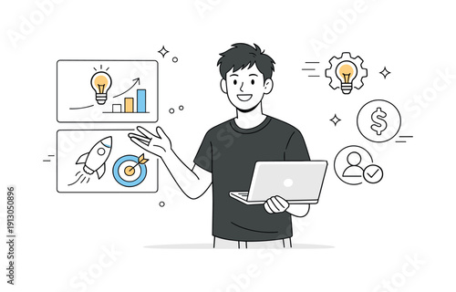 Young startup founder. A teenager or young adult presenting an idea with simple slides and icons, showing confidence, innovation, and fresh