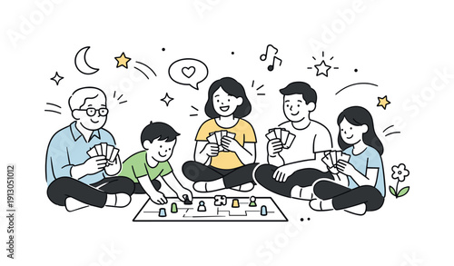 Family Game Night. Evening family game time.  s gathered around a board game or cards in a warmly lit room, subtle floating stars and playful lines