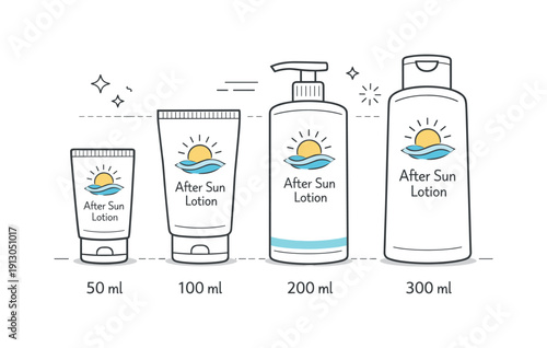 After sun lotion. Lotion bottles arranged in a neat row showing different sizes. Clean product comparison and clarity, supported by simple
