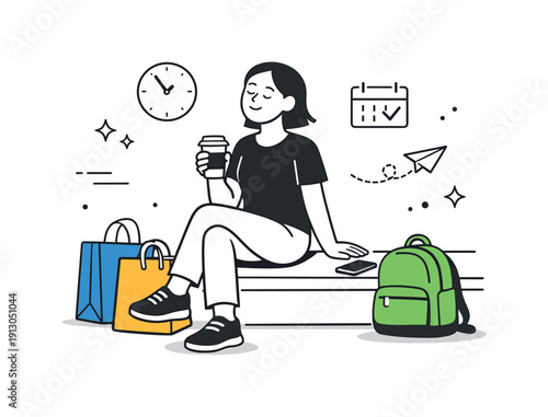    Daily errands lifestyle balance. A character pauses briefly on a bench or step with bags nearby, taking a short break between tasks. Calm