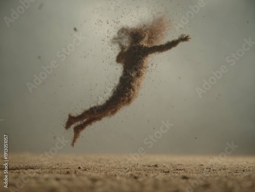 Silhouette of a person jumping with dust particles spreading in the air, dynamic motion and energy captured in a sandy environment with blurred background.