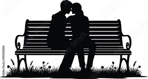 Romantic couple silhouette sitting on park bench kissing in love black and white illustration isolated on background