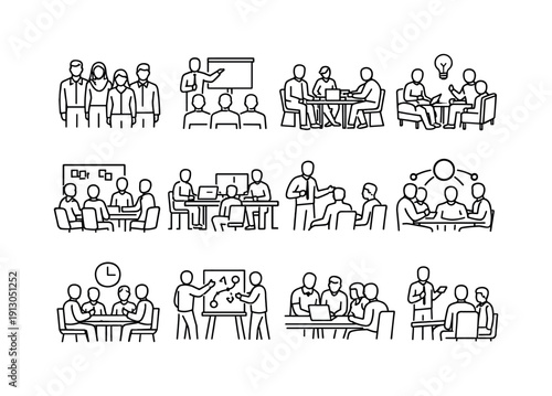    Modern Workplace Team. Line icon set of Modern Workplace Team: diverse business team, manager coaching team, collaborative office scene,