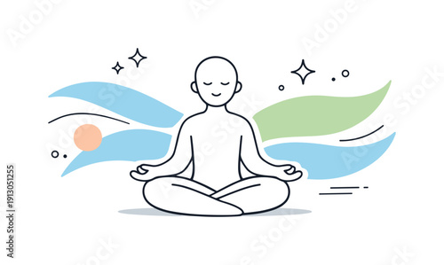 Abstract representation of emotions. A simple human figure surrounded by flowing shapes expressing calm and balance. Soft movement and gentle