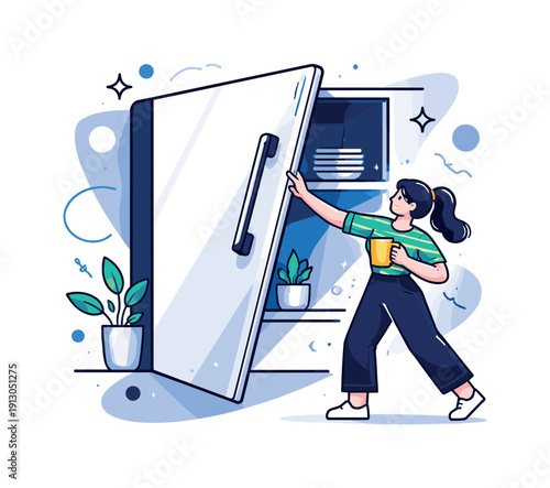   Cabinet door design. A sleek cabinet door slightly open, clean handle catching light, calm