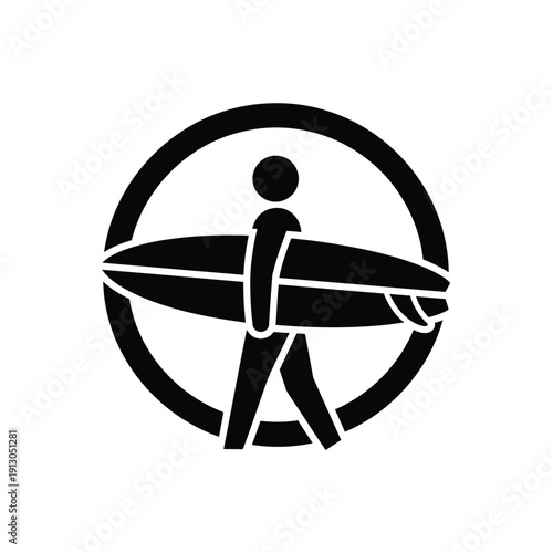 Vector illustration icon black and white vector illustration of a surfer carrying a surfboard within a circular frame