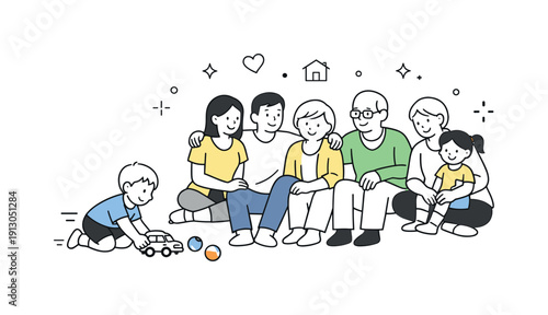 Family gathering with children. Extended family members sitting together while a child plays nearby. Sense of belonging, safety, and social
