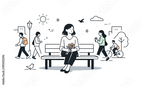   No-party March aesthetics outdoors. A woman pauses on a bench holding flowers loosely, city life continuing around her. Personal meaning
