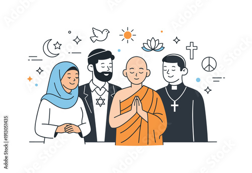 Religious tolerance and coexistence. People of different faiths standing together calmly, sharing a respectful moment with subtle symbols