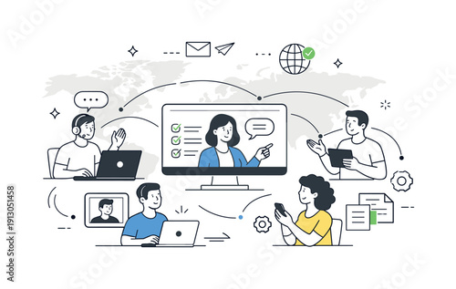 Global Collaboration Network. International readiness coordination. Teams connected across screens and devices, a simplified world map in the background with
