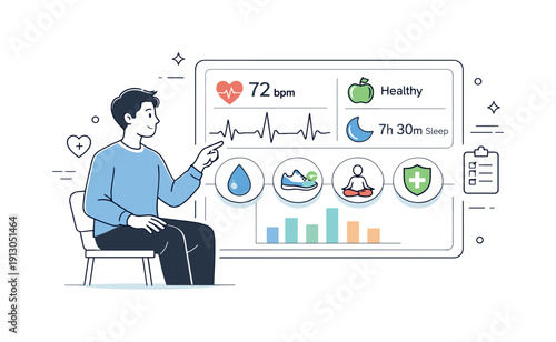 Health technology. A person calmly interacting with a digital health dashboard showing heart rate and wellness icons. Sense of trust and
