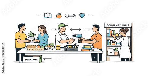 Shared neighborhood resources. People exchanging items like tools, books, or food at a community table or shelf, promoting mutual support.