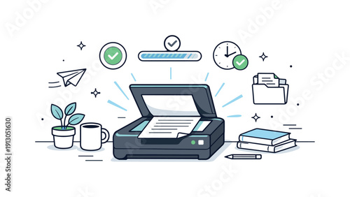 Scanning paperwork. A calm office desk with a scanner actively processing papers, gentle light beams and progress icons showing smooth
