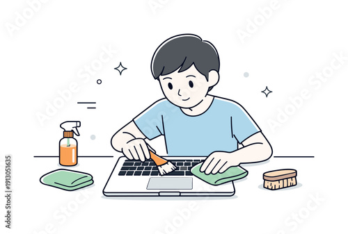 Electronic Care Routine. Maintaining personal electronics. Person cleaning keyboard and trackpad with gentle attention, focused and responsible mood. Brush,