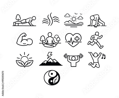   Exercise and fresh air. Line outline icon set of exercise and fresh air: outdoor push ups,