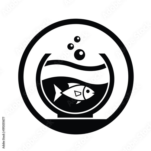 Vector illustration icon black and white fishbowl icon with fish and bubbles