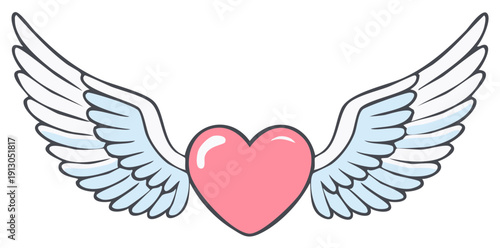 Cute pink heart with graceful angel wings flying as a symbol of love and freedom