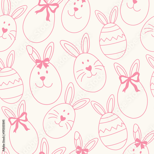 Cute Easter bunny egg seamless pattern with hand drawn bows and decorative eggs. Pastel spring background for wrapping paper, fabric, stationery and invitations