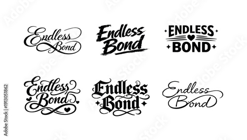   Endless bond. Set lettering. harmonious lettering variations of the same emblematic concept, each with different artistic interpretation