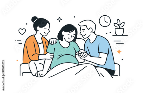 Childbirth support. A simplified hospital or birth-room scene showing supportive figures standing close in a calm, reassuring way. The