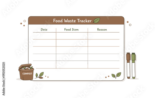 Dry-erase food tracker. A reusable kitchen board with columns for date, type of food wasted, and reason, placed near compost or fridge. Calm