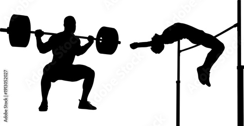 Silhouette of two athletes performing weightlifting exercises with barbell and pole