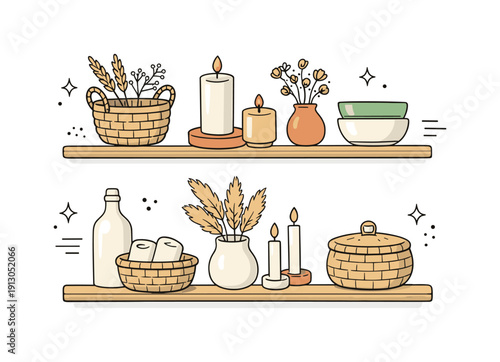 Handmade decor details. Shelves with candles, dried flowers, woven baskets, and simple ceramics. Craftsmanship focus, soft rustic charm and