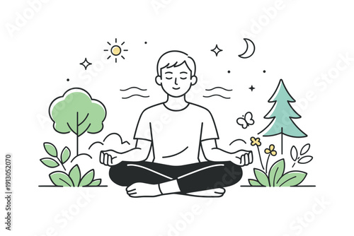 Healing through nature. A calm person sitting among plants and trees, breathing deeply and reconnecting with natural surroundings in a quiet,